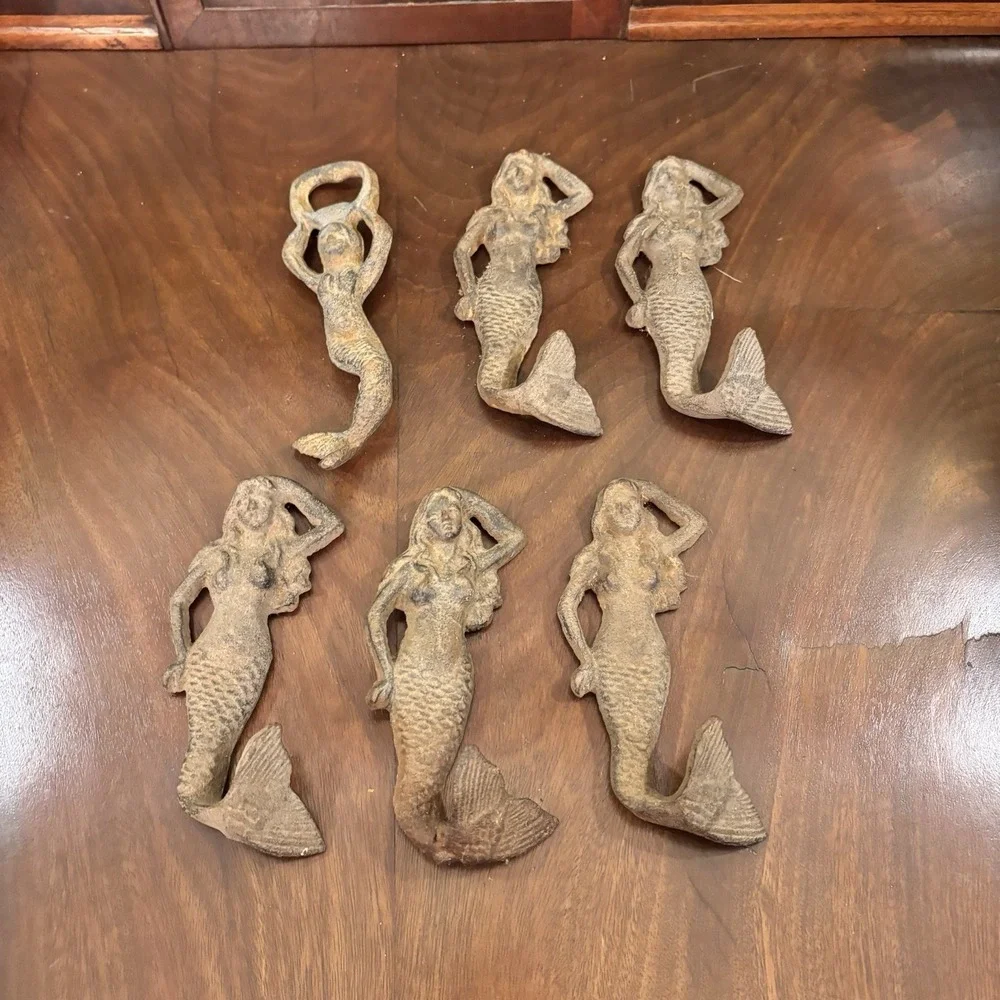 Set of 6 ‎ Cast Iron Mermaid Bottle Openers & Wall Hooks Nautical Decor Beach